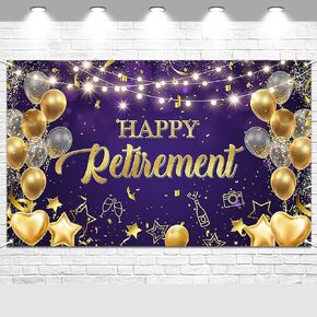 Avezano Happy Retirement Backdrop Purple and Gold Happy Retirement Sign Banner Photo Background with Rope for Retirement Party Decorations (70.8x43.3inch)