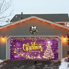 Trgowaul Christmas Garage Door Decorations, Large Purple Gold Xmas Garage Door Cover Banner Backdrop, Winter Wonderland Snowflake Background Party Supply, Happy New Year Garage Door Murals 7x16ft