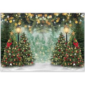 ZTHMOE 7x5ft Polyester Winter Christmas Tree Photography Backdrop Pine Tree Wonderland Background Xmas Santa Glitter Party Decorations Photo Banner Props with Four Holes Easy to Hang