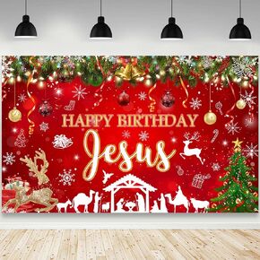 Happy Birthday Jesus Backdrop Jesus’s Birthday Photography Background Red Christmas Jesus Birthday Party Decorations Banner Photo Supplies Studio Props 70.8 x 43.3 inch