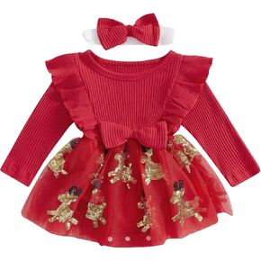 Baby Girl Christmas Outfit Newborn Outfit Ribbed Ruffle Romper Dress and Headband Cute Fall Clothes
