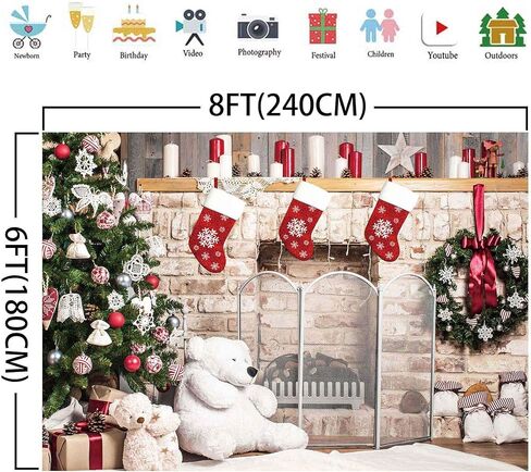 10x8ft عيد الميلاد الموقد خلفية للتصوير الفوتوغرافي شجرة عيد الميلاد الجوارب زينة للعائلة حفلة صور خلفية صور ديكور فوتوبوث الدعائم in Kuwait