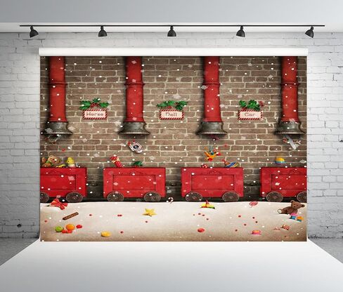 BELECO 7x5ft Fabric Santa Claus Workshop Backdrop Santa's Work Shop Red Train Gifts Rustic Brick Wall Snowflakes Winter Scene Background Winter Wonderland Christmas Party Decorations Photo Props in Kuwait