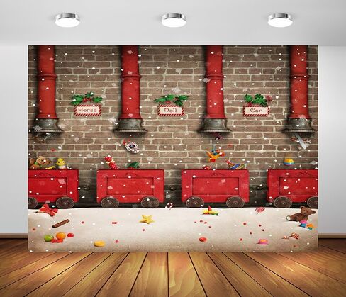 BELECO 7x5ft Fabric Santa Claus Workshop Backdrop Santa's Work Shop Red Train Gifts Rustic Brick Wall Snowflakes Winter Scene Background Winter Wonderland Christmas Party Decorations Photo Props in Kuwait