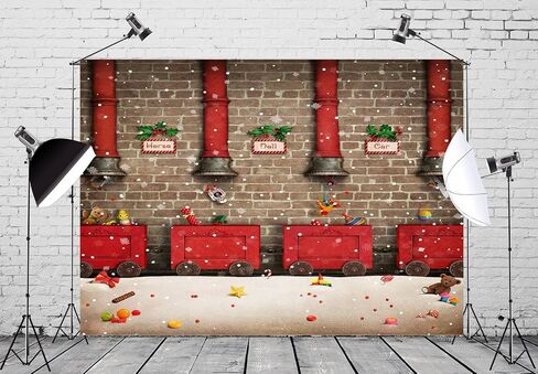 BELECO 7x5ft Fabric Santa Claus Workshop Backdrop Santa's Work Shop Red Train Gifts Rustic Brick Wall Snowflakes Winter Scene Background Winter Wonderland Christmas Party Decorations Photo Props in Kuwait