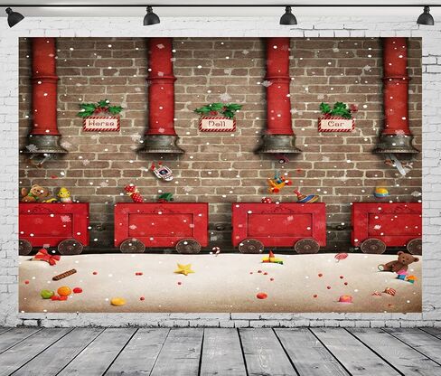 BELECO 7x5ft Fabric Santa Claus Workshop Backdrop Santa's Work Shop Red Train Gifts Rustic Brick Wall Snowflakes Winter Scene Background Winter Wonderland Christmas Party Decorations Photo Props in Kuwait