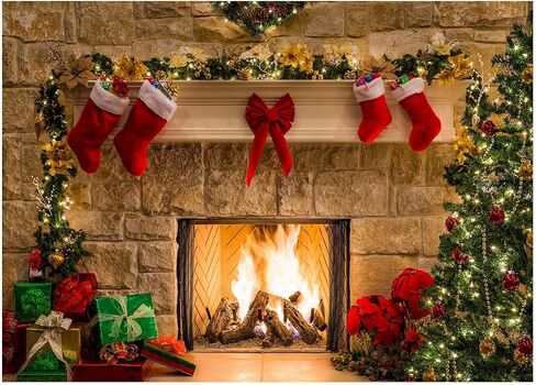 82.7"x59" Christmas Fireplace Backdrop, Fireplace Banner Background Merry Christmas Party Photoshoot Decor Xmas Winter Holiday Photography Photo Studio Props in Saudi Arabia