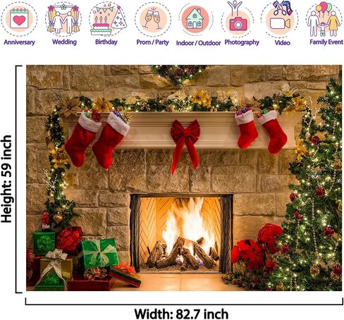 82.7"x59" Christmas Fireplace Backdrop, Fireplace Banner Background Merry Christmas Party Photoshoot Decor Xmas Winter Holiday Photography Photo Studio Props in Saudi Arabia