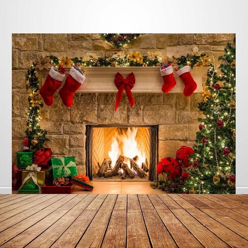 82.7"x59" Christmas Fireplace Backdrop, Fireplace Banner Background Merry Christmas Party Photoshoot Decor Xmas Winter Holiday Photography Photo Studio Props in Saudi Arabia