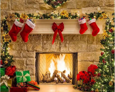 82.7"x59" Christmas Fireplace Backdrop, Fireplace Banner Background Merry Christmas Party Photoshoot Decor Xmas Winter Holiday Photography Photo Studio Props in Saudi Arabia