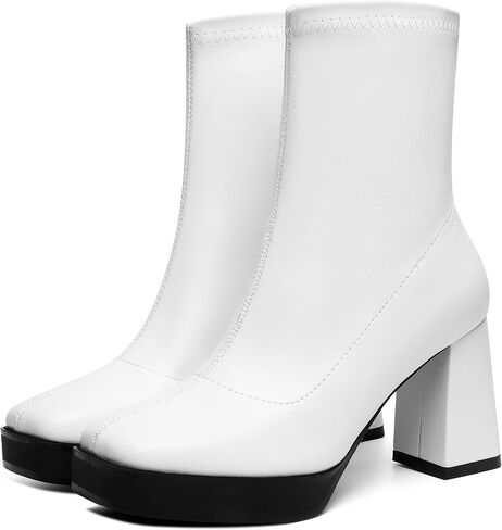 GO GO Boots for Women Mid Calf Platform Boots Go Go Boots Square Toe Block High Heel Booties Slip On Disco Dressy Patent Leather Boot in Saudi Arabia