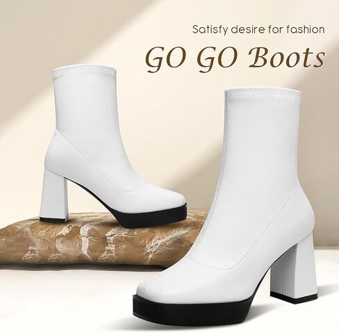 GO GO Boots for Women Mid Calf Platform Boots Go Go Boots Square Toe Block High Heel Booties Slip On Disco Dressy Patent Leather Boot in Saudi Arabia