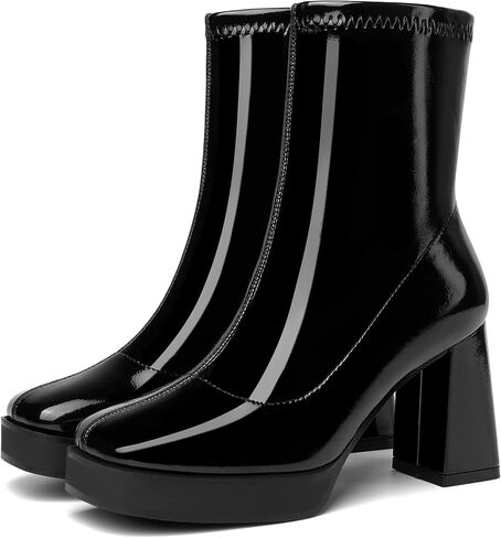 GO GO Boots for Women Mid Calf Platform Boots Go Go Boots Square Toe Block High Heel Booties Slip On Disco Dressy Patent Leather Boot in Saudi Arabia