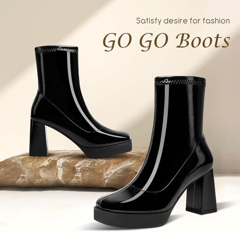 GO GO Boots for Women Mid Calf Platform Boots Go Go Boots Square Toe Block High Heel Booties Slip On Disco Dressy Patent Leather Boot in Saudi Arabia