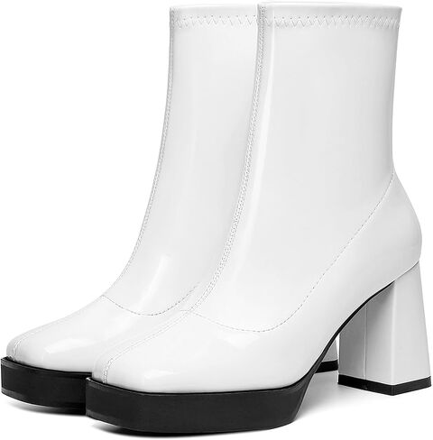 GO GO Boots for Women Mid Calf Platform Boots Go Go Boots Square Toe Block High Heel Booties Slip On Disco Dressy Patent Leather Boot in Saudi Arabia