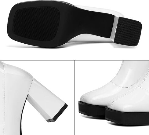 GO GO Boots for Women Mid Calf Platform Boots Go Go Boots Square Toe Block High Heel Booties Slip On Disco Dressy Patent Leather Boot in Saudi Arabia