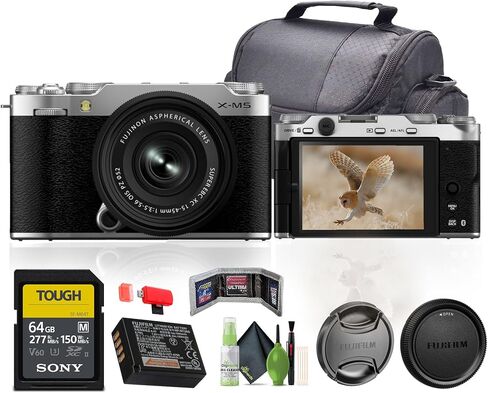 كاميرا Fujifilm X-M5 الرقمية بدون مرآة مع مجموعة عدسات XC 15-45 مم f/3.5-5.6 OIS PZ (فضية) مع بطاقة ذاكرة SF-M Tough Series UHS-II SDXC سعة 64 جيجابايت + مجموعة تنظيف + حقيبة سفر + المزيد in Saudi Arabia