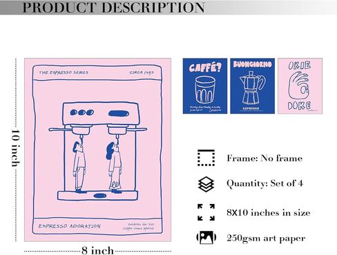 JXREQ Trendy Coffee Decor Wall Decor, Coffee Decor Pink Blue Coffee Posters Wall Art Prints Set of 4, Coffee Kitchen Decor, Coffee Decorations for Coffee Bar Livingroom Coffee Decorations, 8x10 Unframed in Kuwait