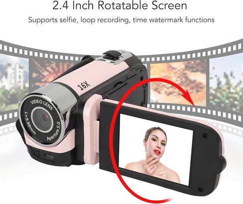 Video Camera Camcorder, 1080P 16MP Digital Camera Recorder, 2.4 Inch Rotatable Screen 16X Digital Zoom Camcorder Camera with Fill Light (Roseate) in Saudi Arabia