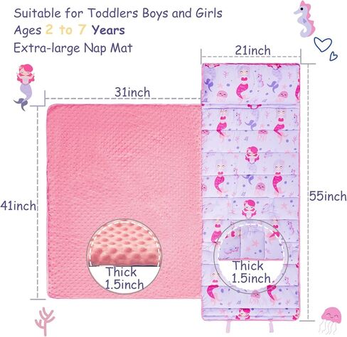 NICE CHOICE Toddler Nap Mat for Daycare Preschool Boys Girls Extra Large Rolled Sleeping Bag Mat with Pillow and Blanket for Toddler Boys Girls Kindergarten Travel Camping(Dinosaur) in Kuwait