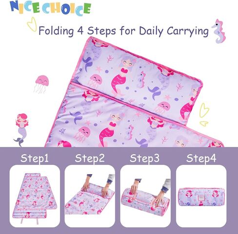 NICE CHOICE Toddler Nap Mat for Daycare Preschool Boys Girls Extra Large Rolled Sleeping Bag Mat with Pillow and Blanket for Toddler Boys Girls Kindergarten Travel Camping(Dinosaur) in Kuwait