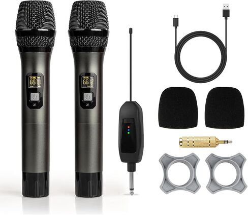 Wireless Microphone UHF Metal Dual Handheld Mic with Rechargeable Receiver 200ft Range, Microphone for Singing, Karaoke, Church, Speech, Wedding, Party Singing(Red,Grey) in Saudi Arabia