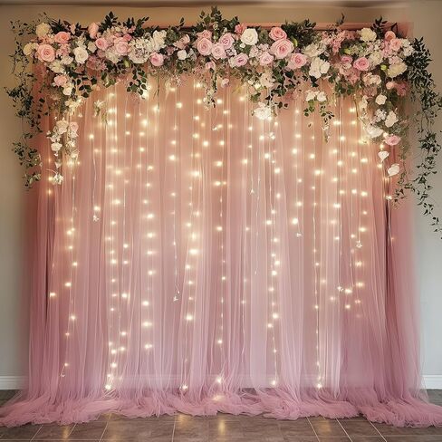 Fomcet Tulle Backdrop Curtains with Lights Champagne 10x10ft Sheer Curtain | Tulle Curtains Backdrop Sheer Backdrop Curtains for Parties, Wedding Birthday Baby Shower Photo Shoot Decors(2 Panels 5x10ft) in Saudi Arabia