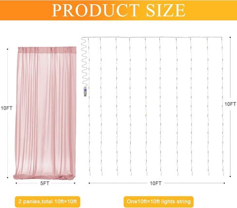 Fomcet Tulle Backdrop Curtains with Lights Champagne 10x10ft Sheer Curtain | Tulle Curtains Backdrop Sheer Backdrop Curtains for Parties, Wedding Birthday Baby Shower Photo Shoot Decors(2 Panels 5x10ft) in Saudi Arabia