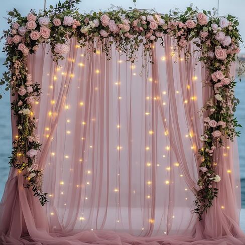 Fomcet Tulle Backdrop Curtains with Lights Champagne 10x10ft Sheer Curtain | Tulle Curtains Backdrop Sheer Backdrop Curtains for Parties, Wedding Birthday Baby Shower Photo Shoot Decors(2 Panels 5x10ft) in Saudi Arabia