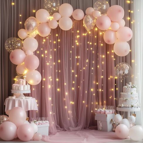 Fomcet Tulle Backdrop Curtains with Lights Champagne 10x10ft Sheer Curtain | Tulle Curtains Backdrop Sheer Backdrop Curtains for Parties, Wedding Birthday Baby Shower Photo Shoot Decors(2 Panels 5x10ft) in Saudi Arabia