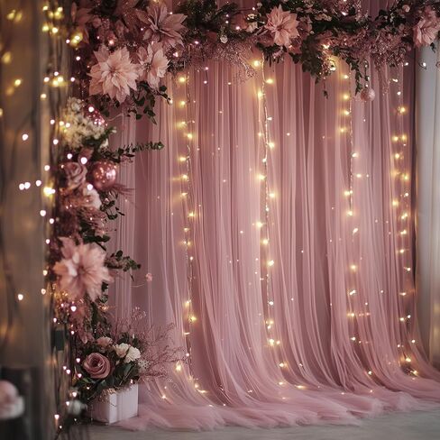 Fomcet Tulle Backdrop Curtains with Lights Champagne 10x10ft Sheer Curtain | Tulle Curtains Backdrop Sheer Backdrop Curtains for Parties, Wedding Birthday Baby Shower Photo Shoot Decors(2 Panels 5x10ft) in Saudi Arabia
