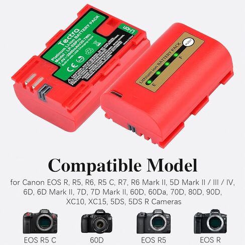 بطارية Tectra LP-E6 LP-E6N متوافقة مع Canon EOS R, R5, R6, 5D Mark II III IV, 5Ds, 5DS R, 6D, 7D, 7D Mark II, 60D, 70D, 80D,90D, C700, XC15 مع شاحن تعيين in Kuwait