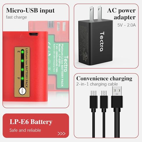 بطارية Tectra LP-E6 LP-E6N متوافقة مع Canon EOS R, R5, R6, 5D Mark II III IV, 5Ds, 5DS R, 6D, 7D, 7D Mark II, 60D, 70D, 80D,90D, C700, XC15 مع شاحن تعيين in Kuwait