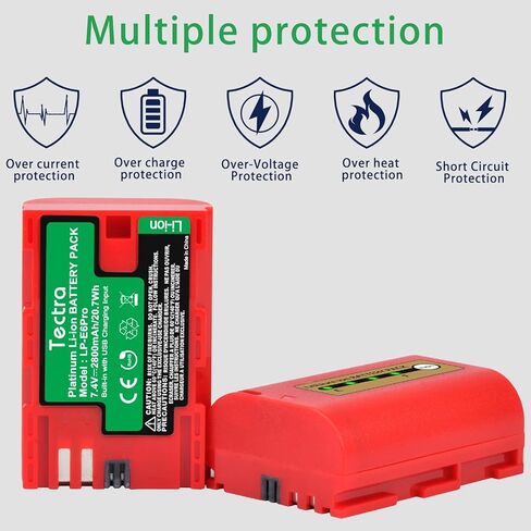 بطارية Tectra LP-E6 LP-E6N متوافقة مع Canon EOS R, R5, R6, 5D Mark II III IV, 5Ds, 5DS R, 6D, 7D, 7D Mark II, 60D, 70D, 80D,90D, C700, XC15 مع شاحن تعيين in Kuwait