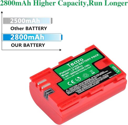 بطارية Tectra LP-E6 LP-E6N متوافقة مع Canon EOS R, R5, R6, 5D Mark II III IV, 5Ds, 5DS R, 6D, 7D, 7D Mark II, 60D, 70D, 80D,90D, C700, XC15 مع شاحن تعيين in Kuwait