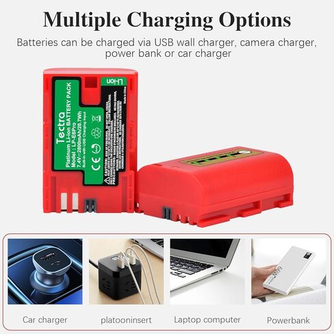 بطارية Tectra LP-E6 LP-E6N متوافقة مع Canon EOS R, R5, R6, 5D Mark II III IV, 5Ds, 5DS R, 6D, 7D, 7D Mark II, 60D, 70D, 80D,90D, C700, XC15 مع شاحن تعيين in Kuwait