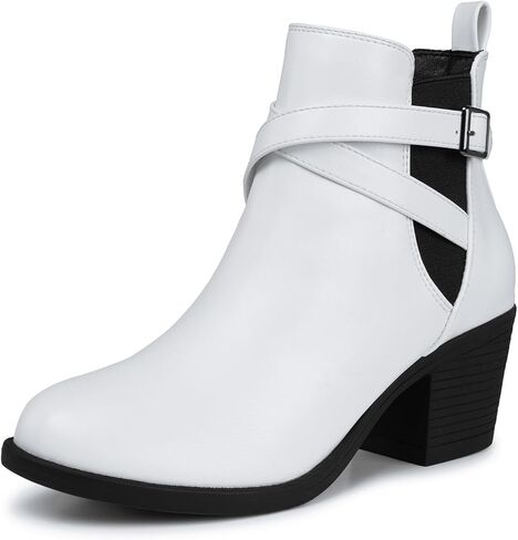 SHIBEVER Ankle Leather Boots for Women: Chunky Round Toe Low Heel Black Zipper Buckle Strap Casual Comfortable Block Elastic Winter Fall Chelsea Womens Booties in Saudi Arabia