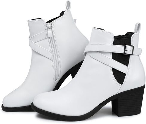 SHIBEVER Ankle Leather Boots for Women: Chunky Round Toe Low Heel Black Zipper Buckle Strap Casual Comfortable Block Elastic Winter Fall Chelsea Womens Booties in Saudi Arabia