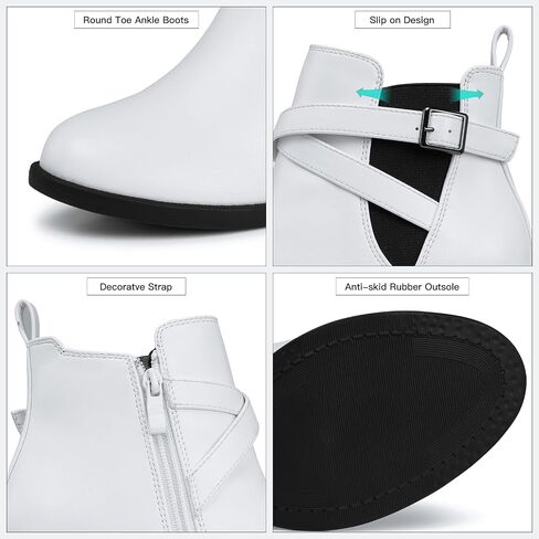 SHIBEVER Ankle Leather Boots for Women: Chunky Round Toe Low Heel Black Zipper Buckle Strap Casual Comfortable Block Elastic Winter Fall Chelsea Womens Booties in Saudi Arabia