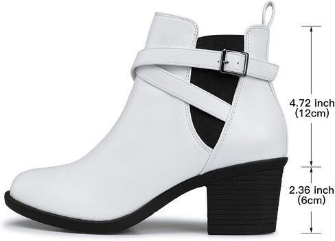 SHIBEVER Ankle Leather Boots for Women: Chunky Round Toe Low Heel Black Zipper Buckle Strap Casual Comfortable Block Elastic Winter Fall Chelsea Womens Booties in Saudi Arabia