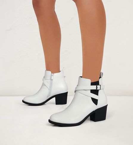 SHIBEVER Ankle Leather Boots for Women: Chunky Round Toe Low Heel Black Zipper Buckle Strap Casual Comfortable Block Elastic Winter Fall Chelsea Womens Booties in Saudi Arabia