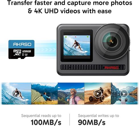 AKASO 128GB microSDXC U3 Memory Card with Adapter - Up to 100MB/s, UHS-I C10, U3, Full HD, 4K UHD, MicroSD Card in Kuwait