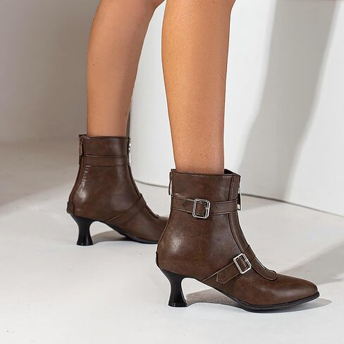Women's Kitten Heel Ankle Booties,Fashion Metal Buckle Pointed Toe Zippers High Heel Booties Fur Lining Autumn Winter Dress Working Party Western Cowboy Short Boots in Kuwait