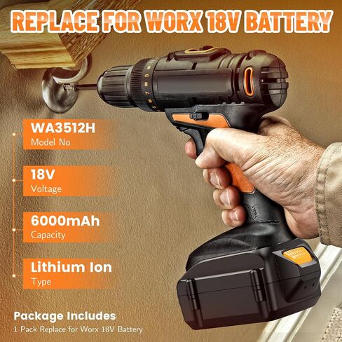 بطارية ليثيوم 18 فولت 6.0 أمبير استبدال لبطارية Worx 18 فولت WA3512H، متوافقة مع أدوات الطاقة Worx WA3512 WA3525 WA3523 WA3578 WA3520 WA3575 WA3522 WA3544 WA3671 و18 فولت/20 فولت (20 فولت كحد أقصى) in Saudi Arabia