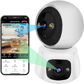 2-in-1 WiFi Security Camera Indoor, 5G/2.4G Dual Lens Security Camera PTZ 2K HD Full-Color Night Vision with Human Shape Detection Motion Tracking Two-Way Audio for Baby Pet Elderly (White)