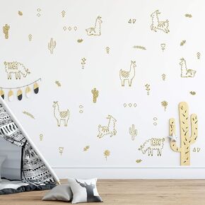 Alpaca Animal and Cactus Wall Decal. Peel and Stick for for Kids, Baby Bedroom Nursery and Living Room. 50 pcs Vinyl Wall Stickers (Gold)