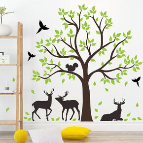 RW-4982 Giant Big Green Tree Wall Decals Jungle Animals Tree Wall Stickers DIY Removable 3D Black Deer Birds Squirrel Green Tree Leaves Wall Art Decor for Kids Bedroom Living Room Nursery Playroom