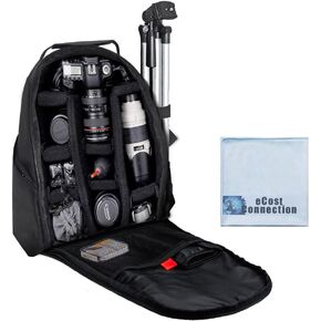Deluxe Digital Camera / Video Padded Backpack For Nikon, Canon, Sony, Pentax DSLR Cameras, Nikon D300, D300S, D3000, D3100, D3200, D3300, D5000, D5100, D5200, D5300 & Many More SLR / DSLR Cameras + eCost Microfiber Cloth
