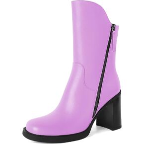 Soireelady Women's Gogo Boots Platform Boots Mid Calf Boots Chunky Heel Boots Square Toe Side Zipper Heeled Booties 3.5 Inch