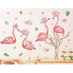 3D Cartoon Animal Wall Decal Removable DIY Pink Flamingo Wall Decal Peel and Stick Flowers and Leaves Wall Art Decor for Girls Baby Nursery Bedroom Living Room Playroom Decorations